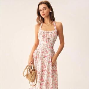 RIHOAS Pink Floral Halter Midi Dress M